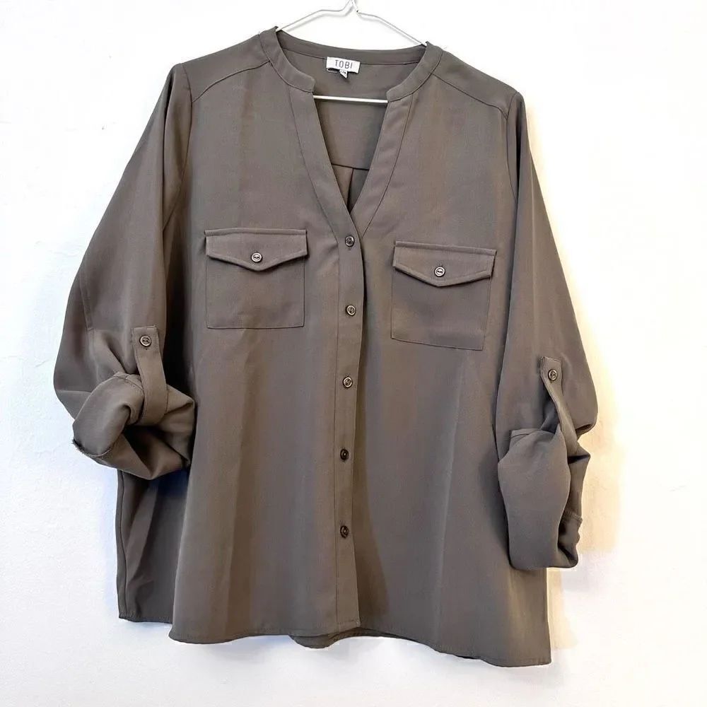 Tobi Adjustable Roll Tab Sleeve V Neck Button Down Shirt Olive Green Size Large